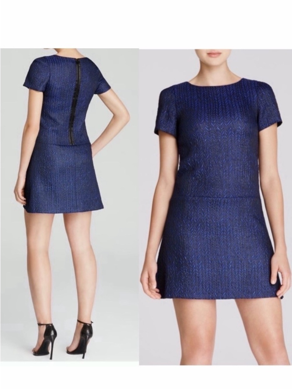 Alice + Olivia Liv Textured Chevron Shift Dress Blue Cocktail Mini Size 8
